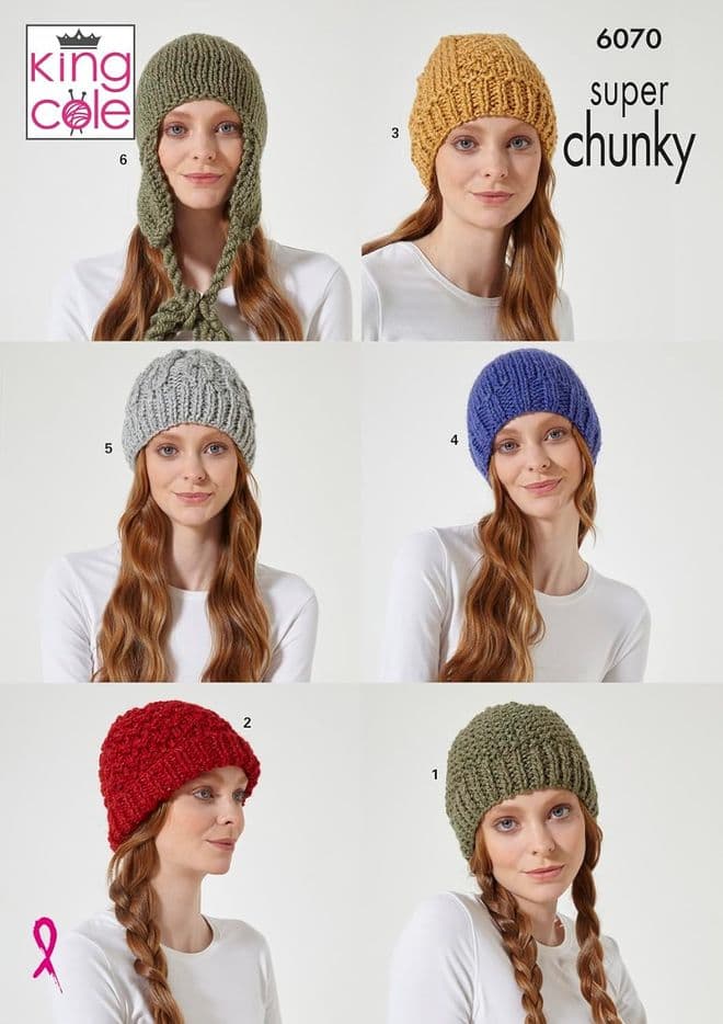 King Cole Super Chunky Knitting Pattern - 6070 Various Ladies Hats