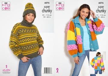King Cole Super Chunky Knitting Pattern - 6076 Jacket, Sweater & Hat