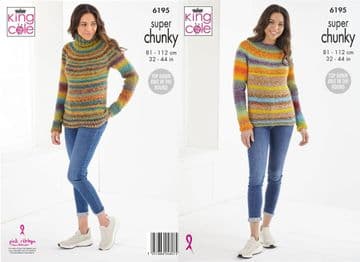 King Cole Super Chunky Knitting Pattern - 6195 Ladies Sweaters (2 Designs)