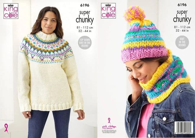 King Cole Super Chunky Knitting Pattern - 6196 Ladies Sweater, Hat & Snood