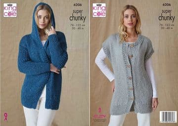King Cole Super Chunky Knitting Pattern - 6206 Ladies Hooded Jacket & Waistcoat