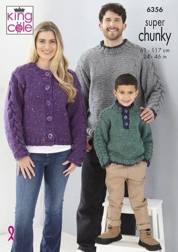 King Cole Super Chunky Knitting Pattern - 6356 Family Sweaters & Cardigan (3 Designs)