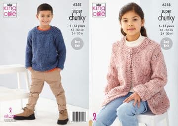 King Cole Super Chunky Knitting Pattern - 6358 Children's Sweater & Cardigan (2 Designs)