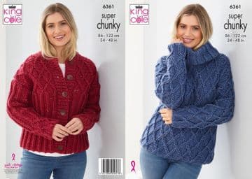 King Cole Super Chunky Knitting Pattern - 6361 Ladies Sweater & Cardigan (2 Designs)