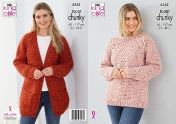 King Cole Super Chunky Knitting Pattern - 6362 Ladies Sweater & Cardigan (2 Designs)