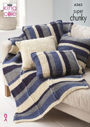 King Cole Super Chunky Knitting Pattern - 6363 Throw & Cushion Covers (4 Designs)
