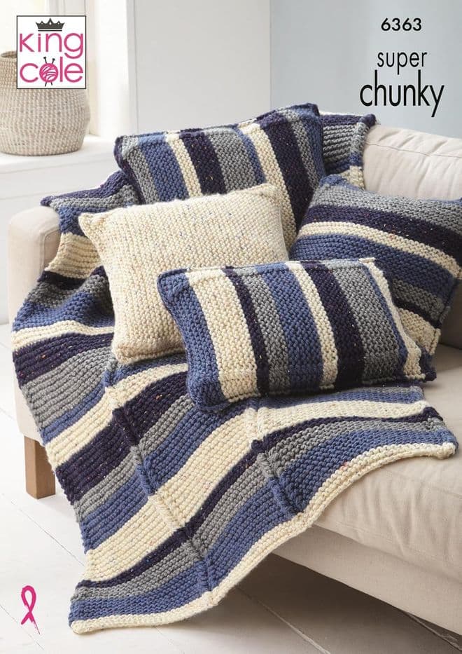King Cole Super Chunky Knitting Pattern - 6363 Throw & Cushion Covers (4 Designs)