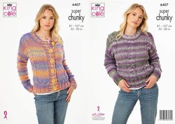 King Cole Super Chunky Knitting Pattern - 6407 Ladies Sweater & Cardigan (2 Designs)