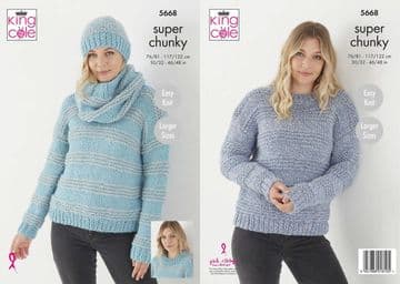 King Cole Timeless Classic Super Chunky Knitting Pattern - 5668 Sweater, Hat & Cowl