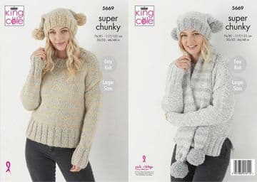 King Cole Timeless Classic Super Chunky Knitting Pattern - 5669 Sweater, Hat & Scarf