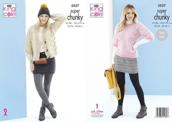 King Cole Timeless Super Chunky Knitting Pattern - 5527 Sweater, Cardigan & Hat