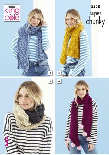 King Cole Timeless Super Chunky Knitting Pattern - 5528 Scarves & Loop