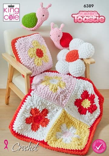 King Cole Toastie Crochet Pattern - 6389 Cushion Covers, Blanket & Snail Toy (4 Designs)