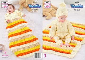 King Cole Toastie Knitting Pattern - 6229 Baby Sweater, Hat, Blanket & Sleepbag
