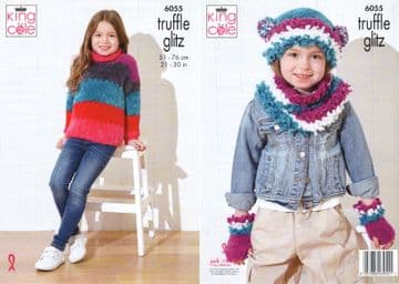 King Cole Truffle Glitz Knitting Pattern - 6055 Girls Sweater & Accessories