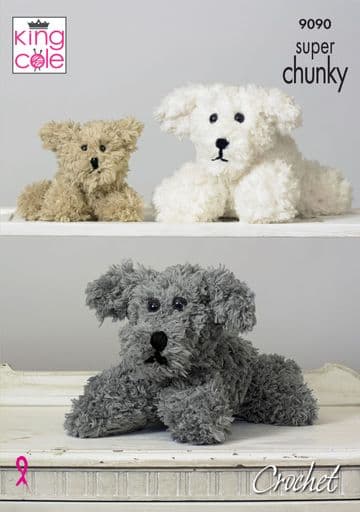 King Cole Tufty Super Chunky Crochet Pattern - 9090 Tufty Dog Family