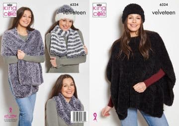 King Cole Velveteen Super Chunky Knitting Pattern - 6324 Ladies Accessories (5 Designs)