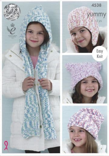 King Cole Yummy - 4538 Hats & Scarf Knitting Pattern