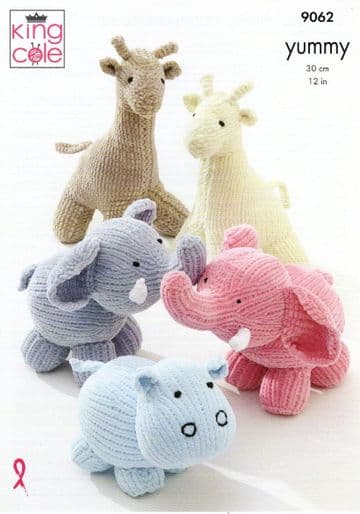 King Cole Yummy - 9062 Giraffe, Hippo, Elephant Toys Knitting Pattern