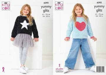 King Cole Yummy Knitting Pattern - 6392 Girls Sweaters with Motifs (2 Designs)