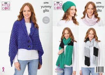 King Cole Yummy Knitting Pattern - 6396 Ladies Scarves, Cowl, Shrug Wrap & Hat (5 Designs)