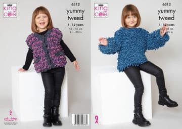 King Cole Yummy Tweed Knitting Pattern - 6312 Girls Sweater & Gilet (2 Designs)