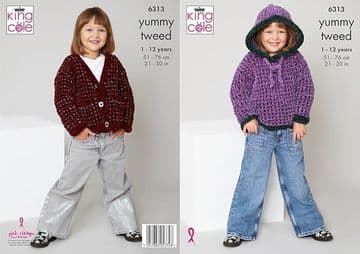 King Cole Yummy Tweed Knitting Pattern - 6313 Girls Hoodie & Cardigan (2 Designs)