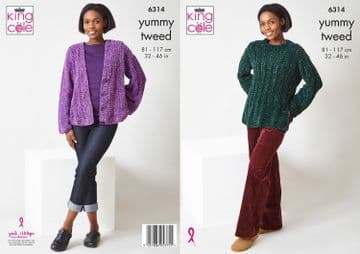 King Cole Yummy Tweed Knitting Pattern - 6314 Ladies Sweater & Cardigan (2 Designs)