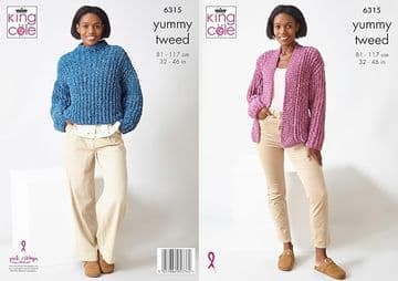 King Cole Yummy Tweed Knitting Pattern - 6315 Ladies Sweater & Cardigan  (2 Designs)