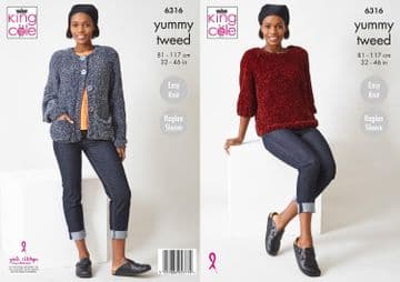 King Cole Yummy Tweed Knitting Pattern - 6316 Ladies Sweater & Cardigan ( 2 Designs)
