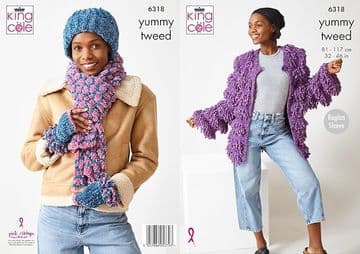 King Cole Yummy Tweed Knitting Pattern - 6318 Ladies Cardigan, Hat, Scarf & Wrist Warmers