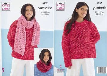 King Cole Yumtastic Knitting Pattern - 6257 Sweater, Scarf & Snood (3 Designs)