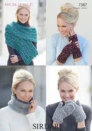 Sirdar Bouffle - 7387 Wrap, Wristwarmers, Snood & Mittens Knitting Pattern