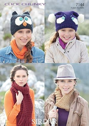Sirdar Click Chunky - 7144 Owl Hat, Tea Bag Hat, Snood & Scarf Knitting Pattern
