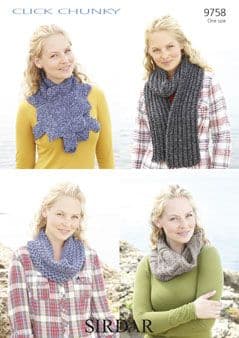 Sirdar Click Chunky - 9758 Snoods & Scarves Knitting Pattern