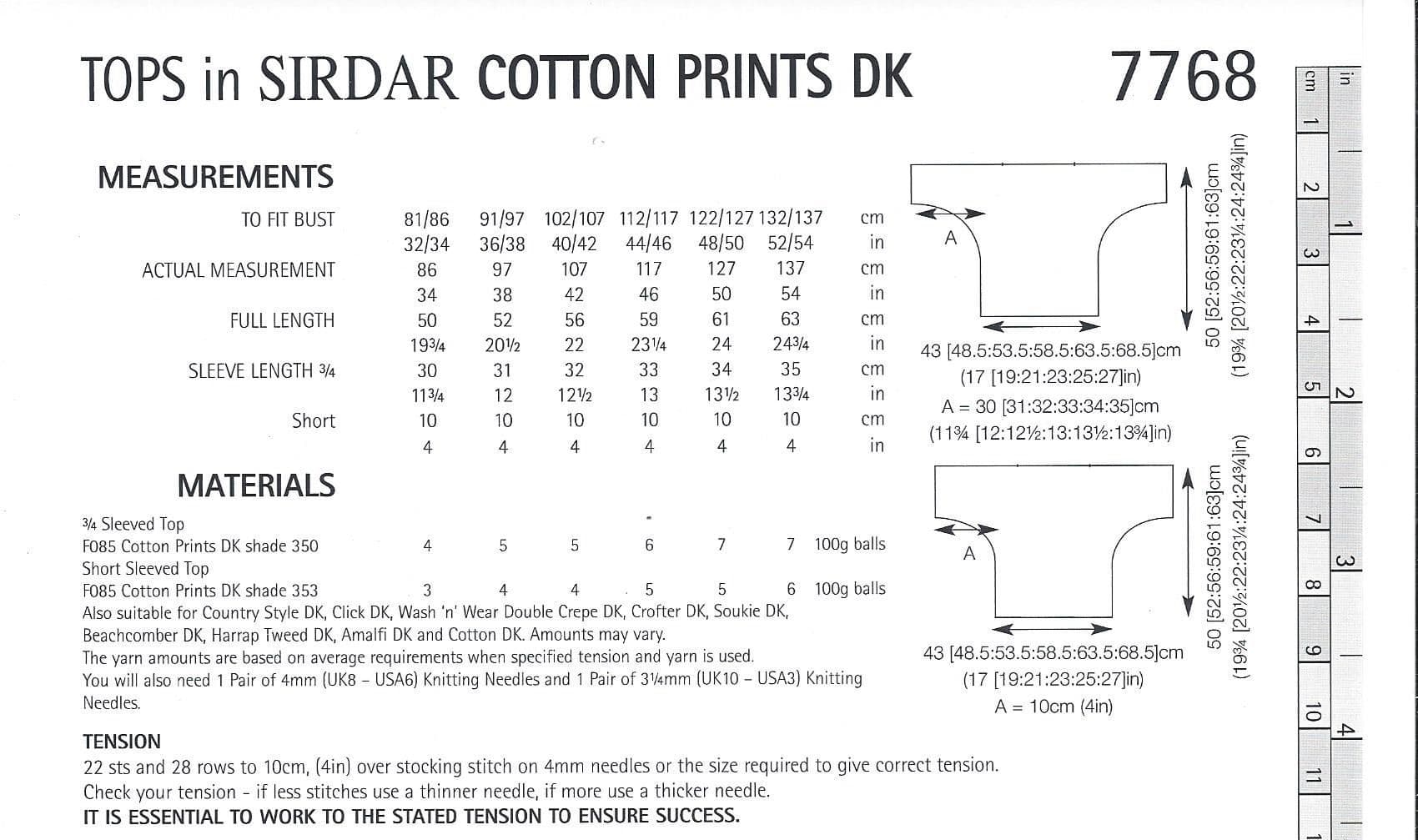 Sirdar Cotton Prints DK 7768 Tops Knitting Pattern