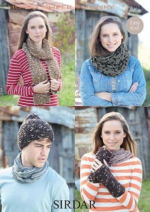 Sirdar Husky Super Chunky - 7194 Scarf, Hat,Wrist Warmers and Snood Knitting Pattern