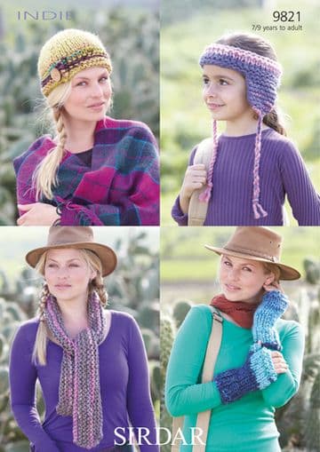 Sirdar Indie - 9821 Helmet, Headwarmer, Mittens & Scarf Knitting Pattern