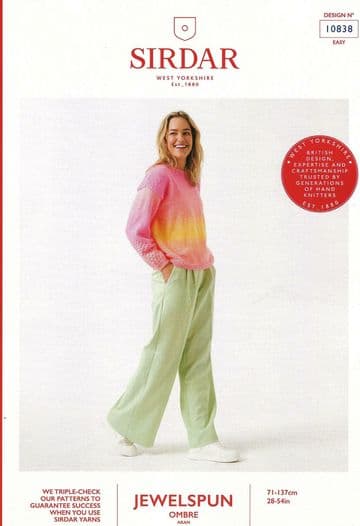 Sirdar Jewelspun Aran Knitting Pattern - 10838 Ladies Sweater (Easy Knit)