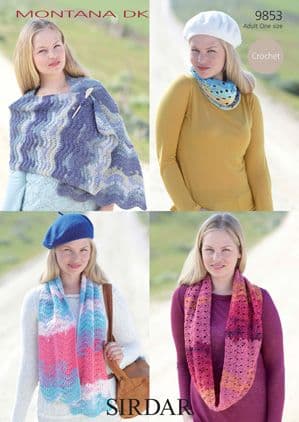 Sirdar Montana DK - 9853 Crochet Scarves, Snood & Wrap Pattern