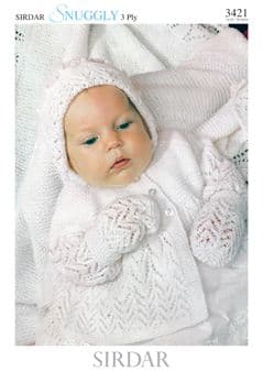 Sirdar Snuggly 3ply - 3421 Matinee Caoat, Bonnet, Bootees & Shawl Knitting Pattern