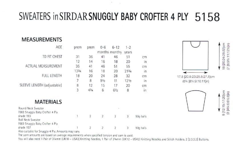 Sirdar Snuggly Baby 4ply - 5158 Sweaters Knitting Pattern