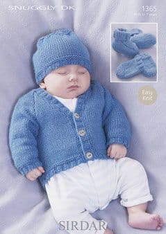 Sirdar Snuggly DK - 1365 Cardigan, Hat, Bootees and Mittens Knitting Pattern
