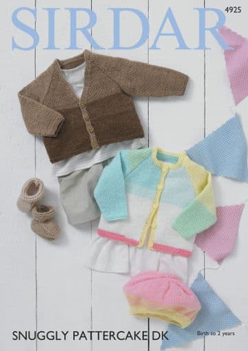 Sirdar Snuggly Pattercake DK Knitting Pattern - 4925 Cardigans Beret & Bootees