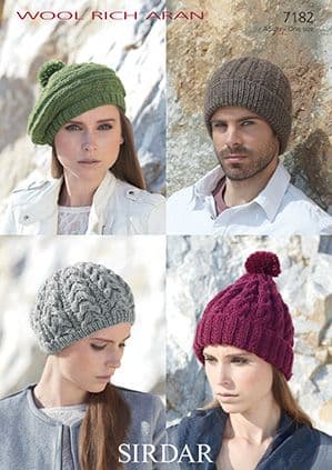 Sirdar Wool Rich Aran - 7182 Hats and Beret Knitting Pattern