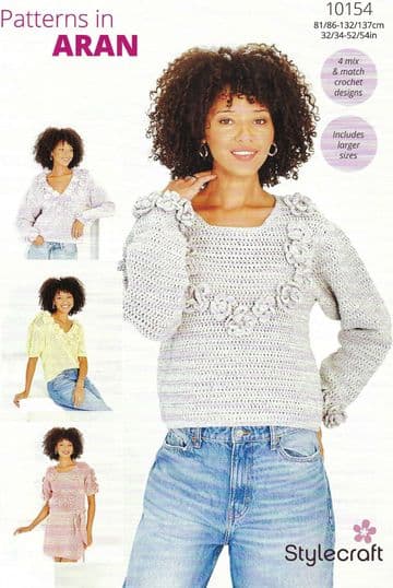 Stylecraft Aran Crochet Pattern - 10154 Ladies Sweaters (4 Designs)