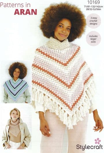 Stylecraft Aran Crochet Pattern - 10169 Ladies Ponchos (3 Easy Crochet Designs)