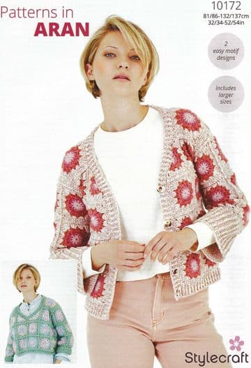 Stylecraft Aran Crochet Pattern - 10172 Ladies Sweater & Cardigan (2 Easy Motif Designs)