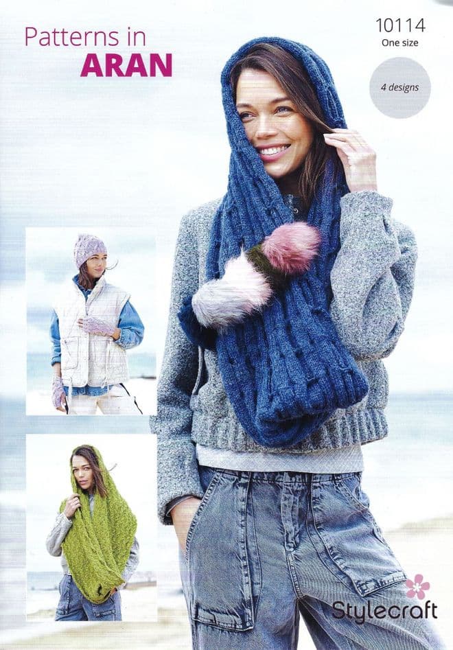 Stylecraft Aran Knitting Pattern - 10114 Ladies Slouch Hat, Snood, Wristwarmers & Scarf/Snood