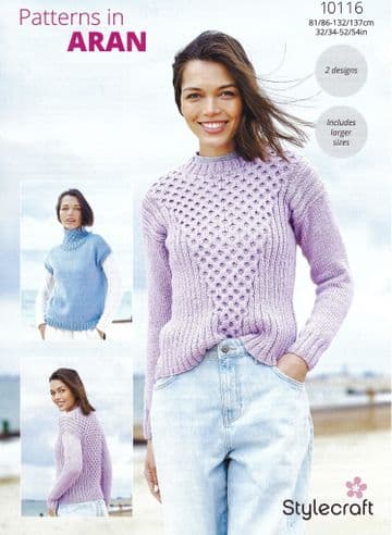 Stylecraft Aran Knitting Pattern - 10116 Ladies Sweater & Tank Top